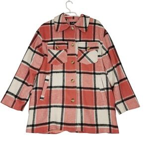 Lulus Plaid Shacket‎ Jacket Women's Size Large Coral White Black Button Down